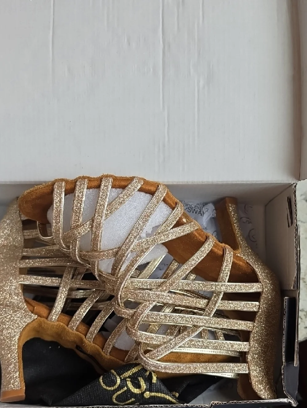 Glitter Gold Strappy Caged Heels for Women - Picture 6 of 6